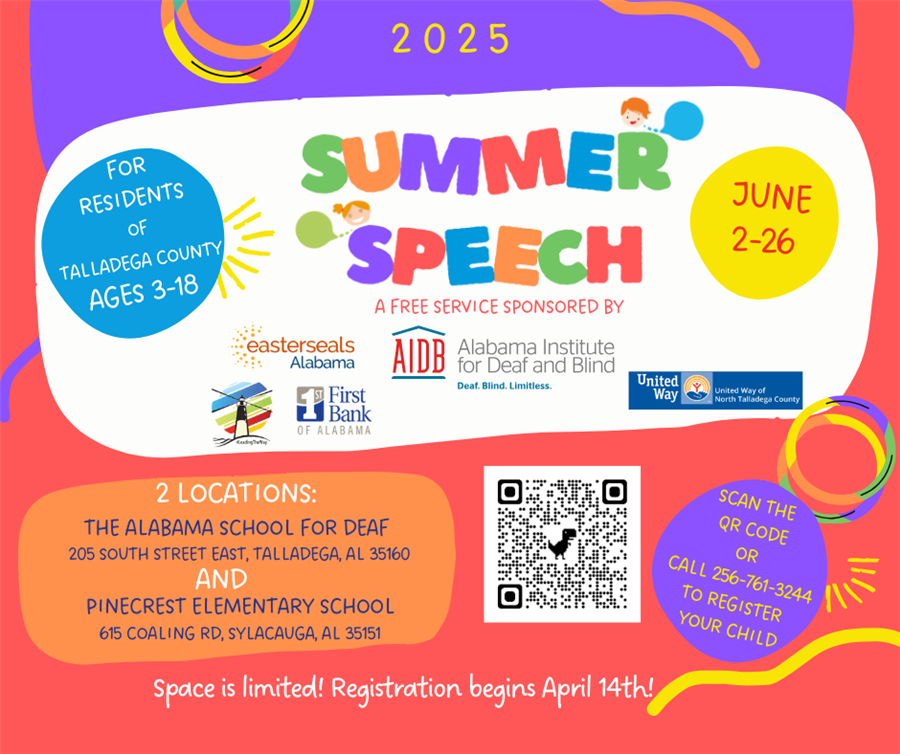 Flyer for "Summer Speech 2025" - free program for Talladega County children 3-18, June 2-26.
